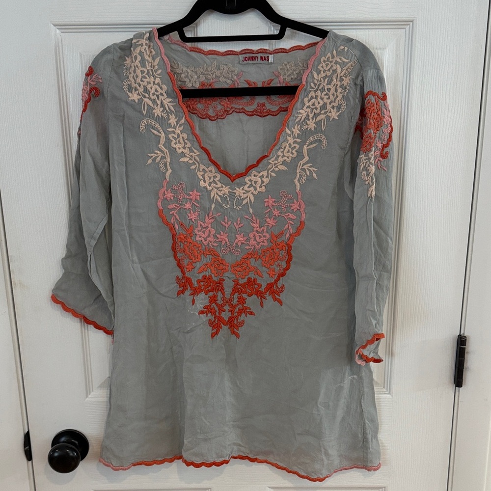 Johnny Was Gray Blouse with Coral and Pink Embroidery